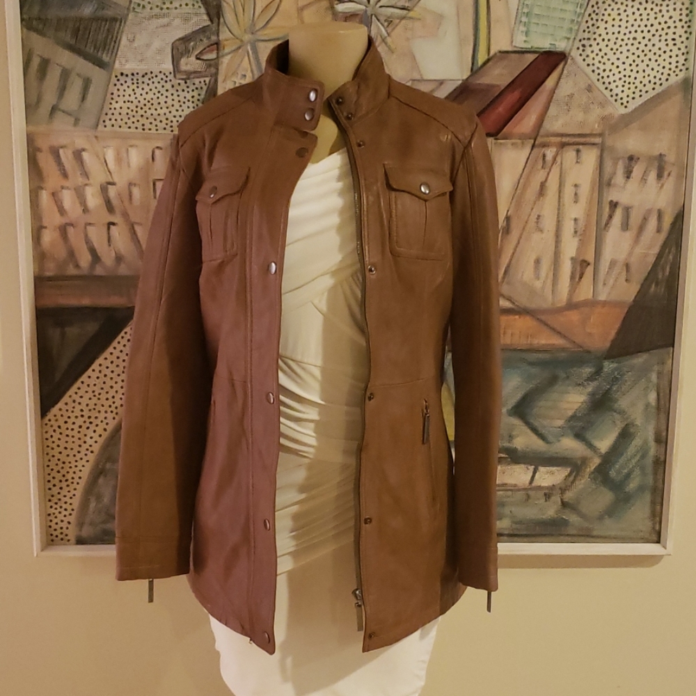 Nappa Lambskin Leather longline jacket in cognac